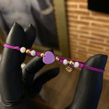 Pulsera Morada Lila Corazon Cupido Bolas 4mm Lisas Circones Blancos Oro Amarillo*