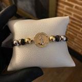 Pulsera Negra Anclaje Neo-Texturizado Bolas 8mm Lisas Circones Blancos Tres Oros*