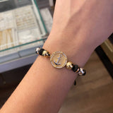 Pulsera Negra Anclaje Neo-Texturizado Bolas 8mm Lisas Circones Blancos Tres Oros*