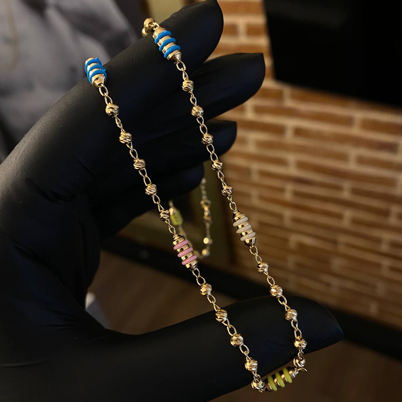 Cadena Rustica Militar 7.4gr / 45cm Bolas 3mm Diamantadas Cauchos Colores Oro Amarillo
