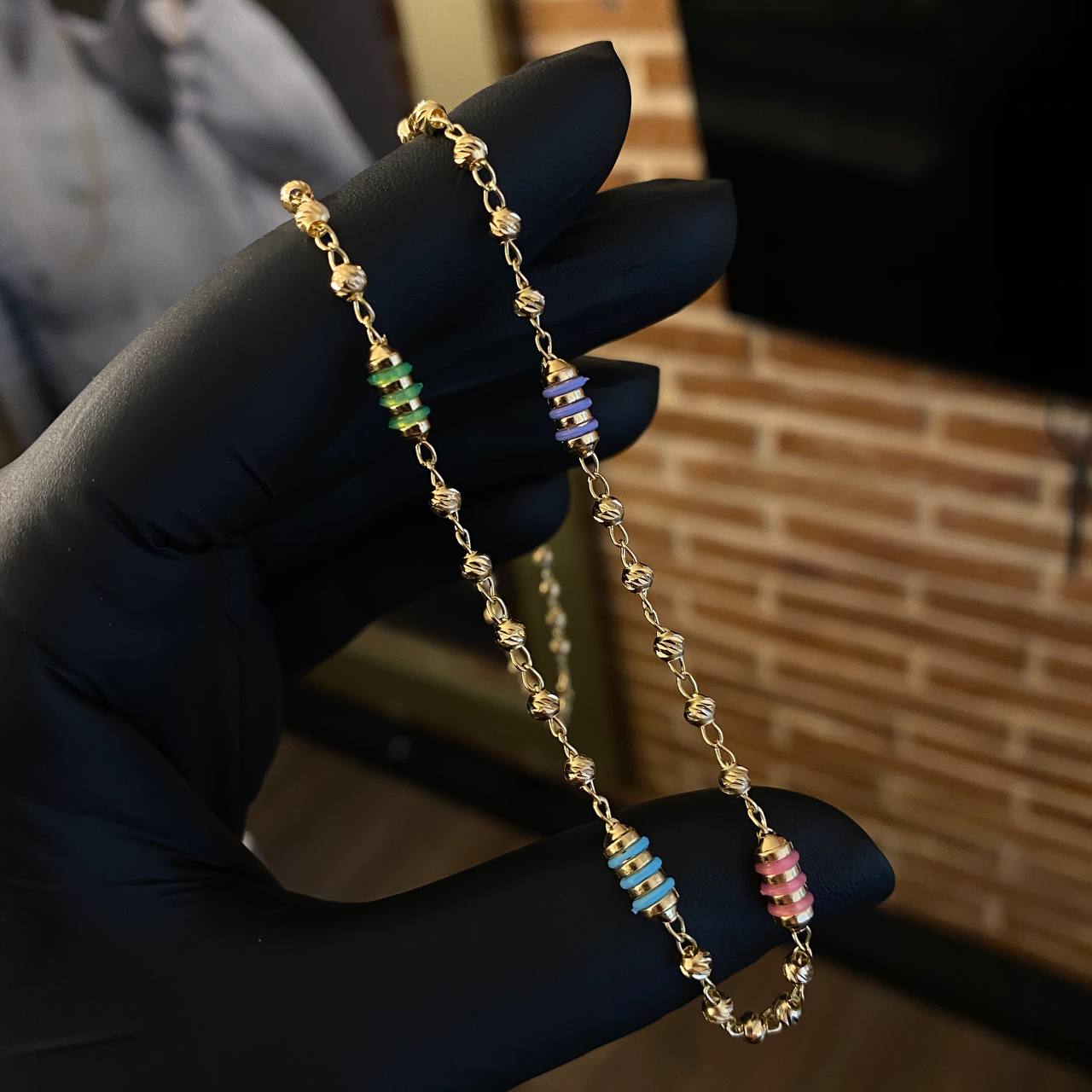 Cadena Rustica Militar 7.4gr / 45cm Bolas 3mm Diamantadas Cauchos Colores Oro Amarillo