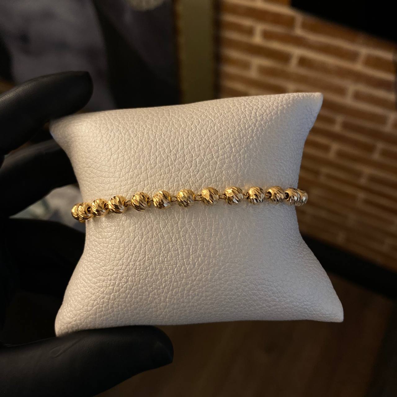 Pulsera Caqui Tejido Militar Bola 5mm Diamantada Oro Amarillo*