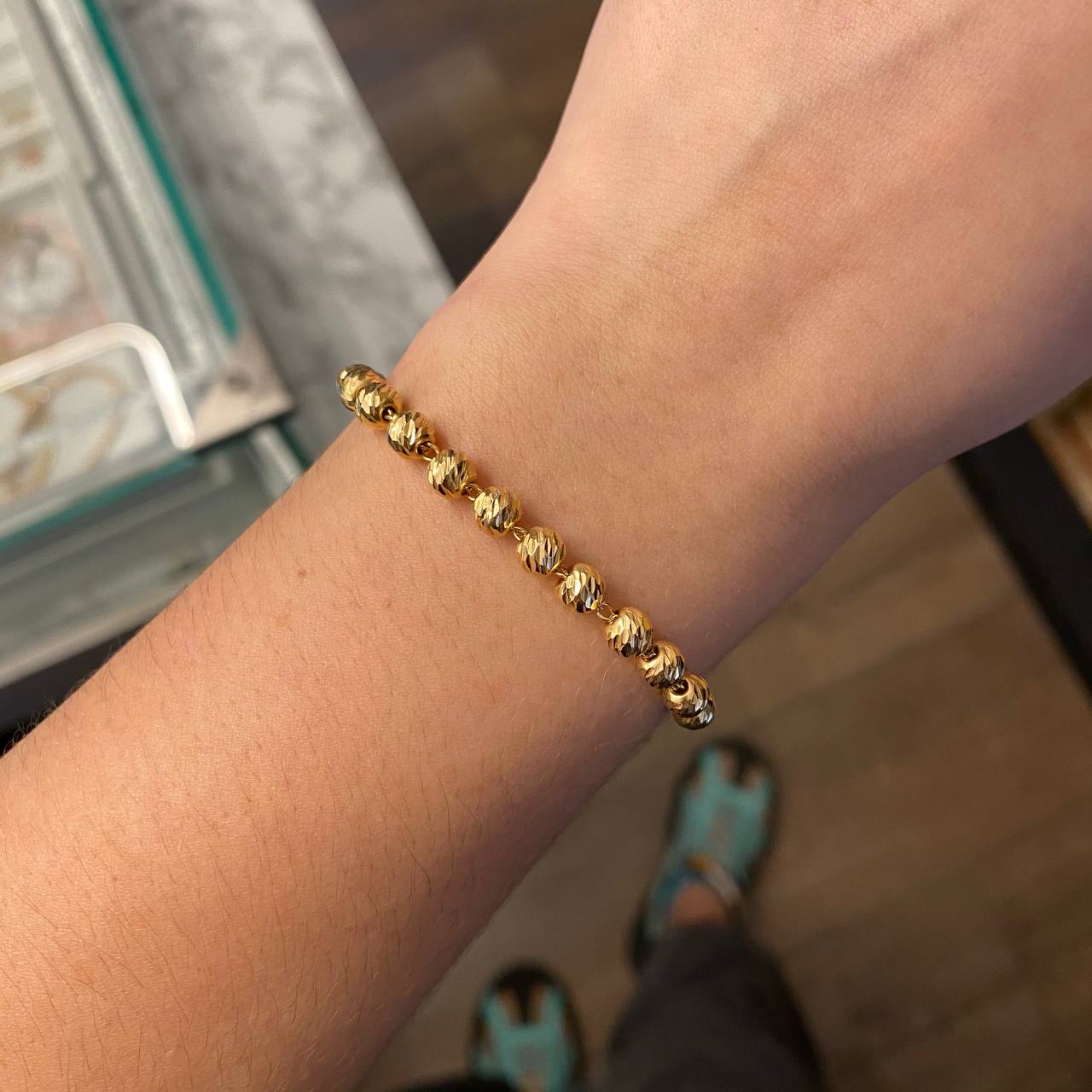 Pulsera Caqui Tejido Militar Bola 5mm Diamantada Oro Amarillo*