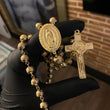 Rosario Rosa Virgen de Guadalupe 56gr / 70cm / 8-10mm Bolas Diamantadas Cruz San Benito Mate Circones Blancos Oro Amarillo