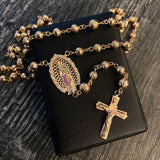 Rosario Virgen de Guadalupe 30.35gr / 70cm / 6-7mm Bolas Diamantadas Circones Blancos Fucsias Verdes Oro Rosa