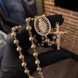 Rosario Virgen Milagrosa 42.6gr / 65cm / 7-8mm Bolas Diamantadas Cruz Tronco Circones Blancos Oro Amarillo