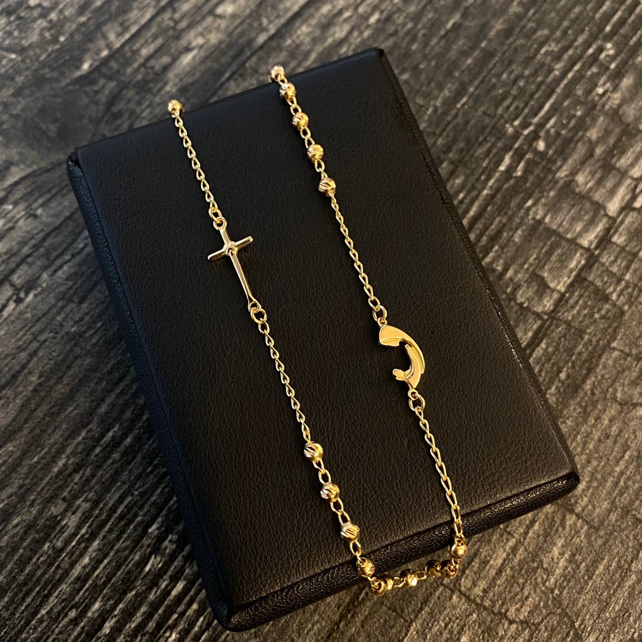 Cadena Denario Espiga 6.3gr / 45cm / 3mm Bolas Diamantadas Virgen María Cruz Liso Oro Amarillo*