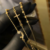 Cadena Denario Espiga 6.3gr / 45cm / 3mm Bolas Diamantadas Virgen María Cruz Liso Oro Amarillo*