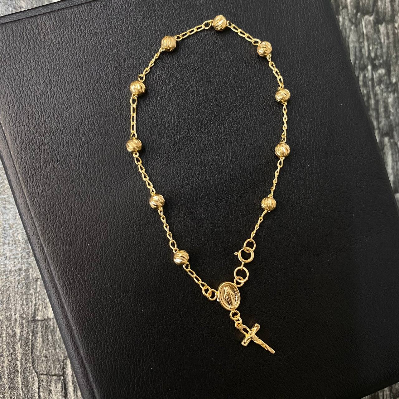Pulso Denario Virgen Milagrosa 3.45gr / 19cm Bola 4mm Diamantada Oro Amarilllo