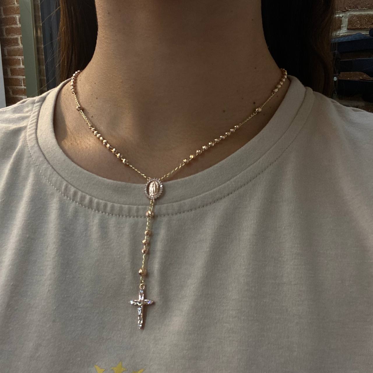 Rosario Virgen de Guadalupe 10gr / 48cm Bola 3-4mm Diamantada Circones Blancos Dos Oros Amarillo Rosa