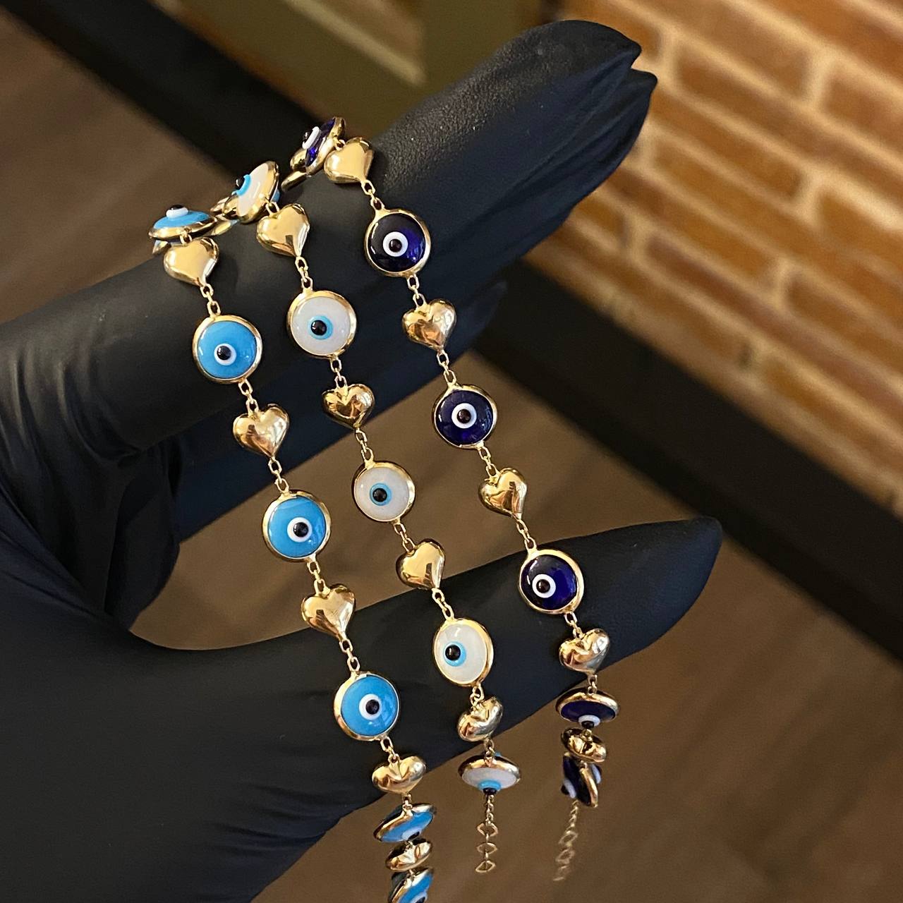 Pulso Ojo Turco Azul Corazones 3.75gr / 19.5-18.5cm / Oro Amarillo +4