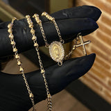 Rosario Virgen de Guadalupe 8.7gr / 60cm / 3mm Bolas Diamantadas Circones Blancos Cruz Baston Oro Amarillo*