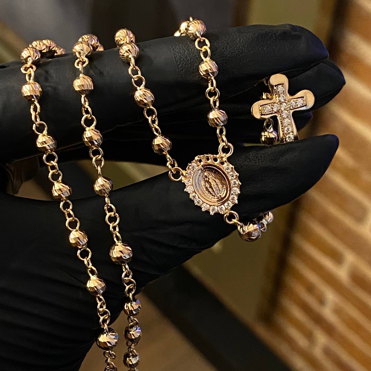 Rosario Virgen Milagrosa 14.3gr / 60cm / 5-4mm Bolas Diamantadas Circones Blancos Oro Rosa*