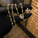 Rosario Virgen Milagrosa 14.3gr / 60cm / 5-4mm Bolas Diamantadas Circones Blancos Oro Rosa*
