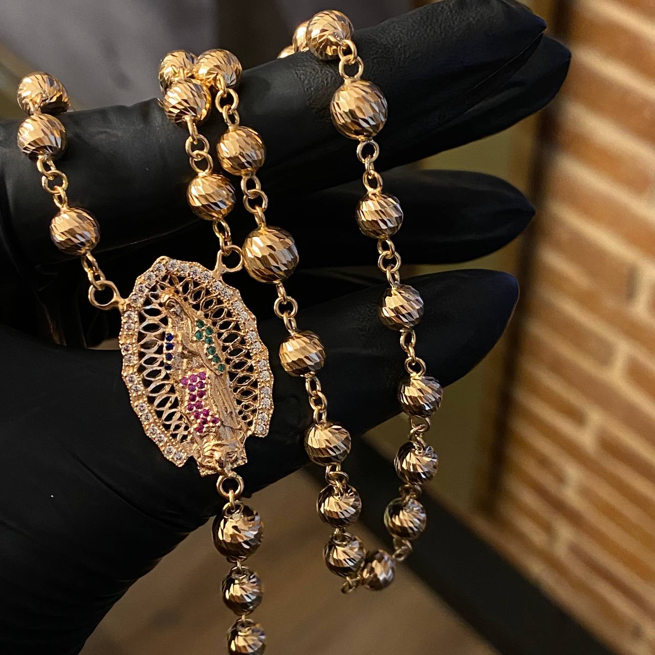 Rosario Virgen de Guadalupe 30.25gr / 65cm / 6mm Bolas Diamantadas Circones Azul Fucsia Verde Blanco Oro Rosa*