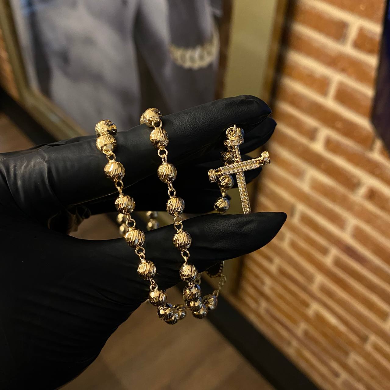 Rosario Virgen de Guadalupe 23.55gr / 60cm / 7-6mm Bolas Diamantadas Circones Blancos Oro Amarillo*