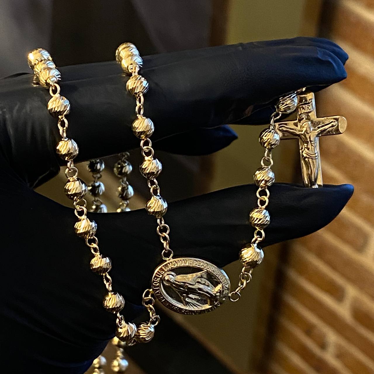 Rosario Virgen Milagrosa Troquelada 18.85gr / 60cm / 5mm Bolas Diamantadas Oro Amarillo*