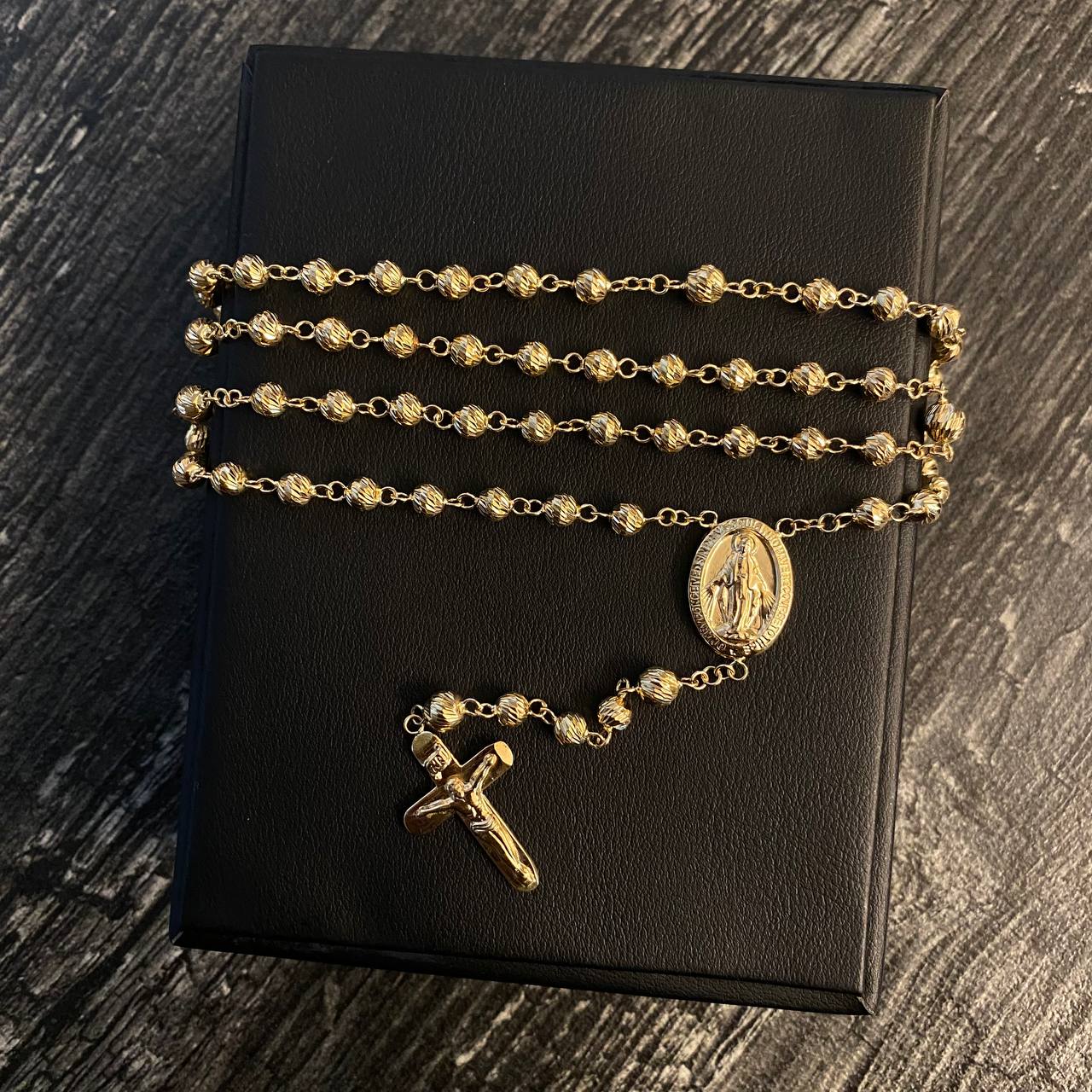Rosario Virgen Milagrosa Troquelada 18.85gr / 60cm / 5mm Bolas Diamantadas Oro Amarillo*