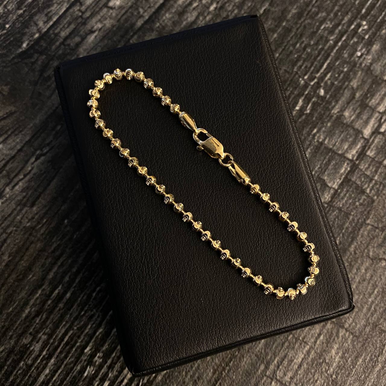 Pulso Militar Luna 6.15gr / 18cm / 3mm Bolas Diamantadas Oro Amarillo Nac. Esp.