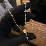 Tobillera Denario Virgen Milagrosa 3gr / 25cm / 3mm Bola Diamantada Cruz Circon Blanco Oro Amarillo