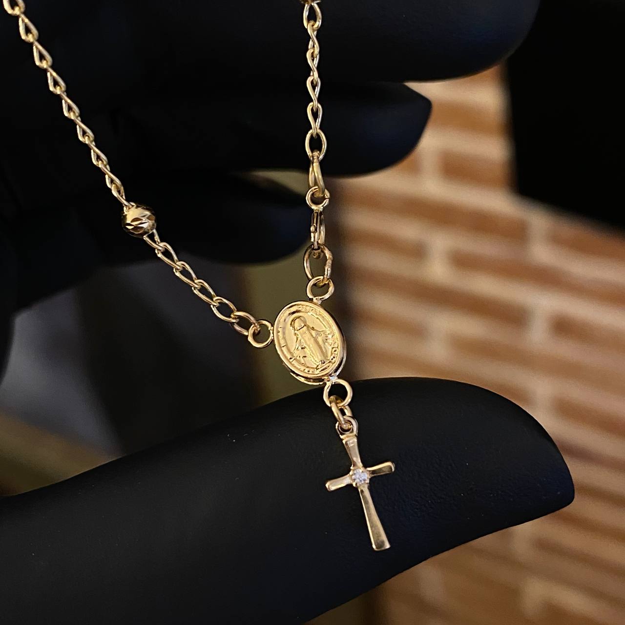 Tobillera Denario Virgen Milagrosa 3gr / 25cm / 3mm Bola Diamantada Cruz Circon Blanco Oro Amarillo