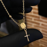 Tobillera Denario Virgen Milagrosa 3gr / 25cm / 3mm Bola Diamantada Cruz Circon Blanco Oro Amarillo