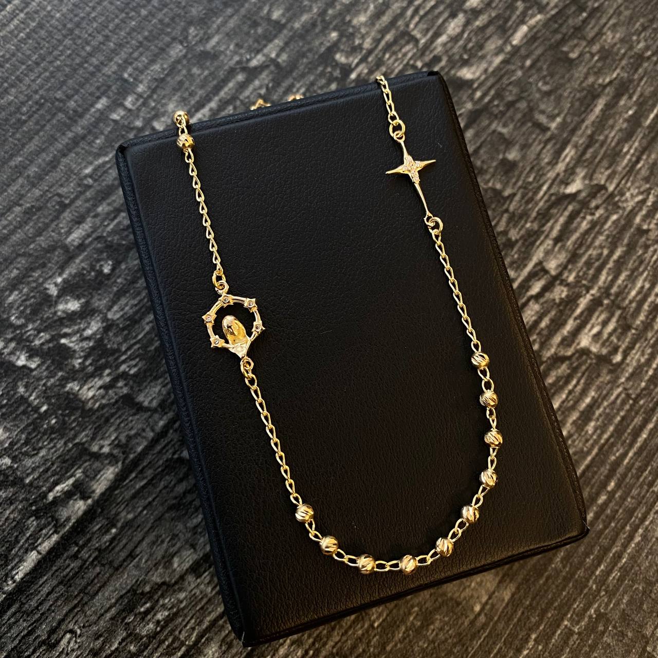 Cadena Tipo Denario Estrella Virgen María 6.1gr / 46cm / 3mm Bola Diamantada Circones Blancos oro Amarillo