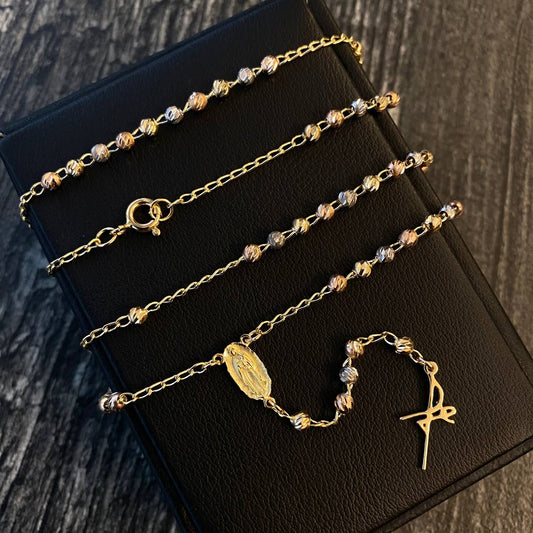 Rosario Virgen Guadalupe 7.95gr / 50cm Bola 3mm Diamantada Cruz FE Tres Oros* (Oferta)