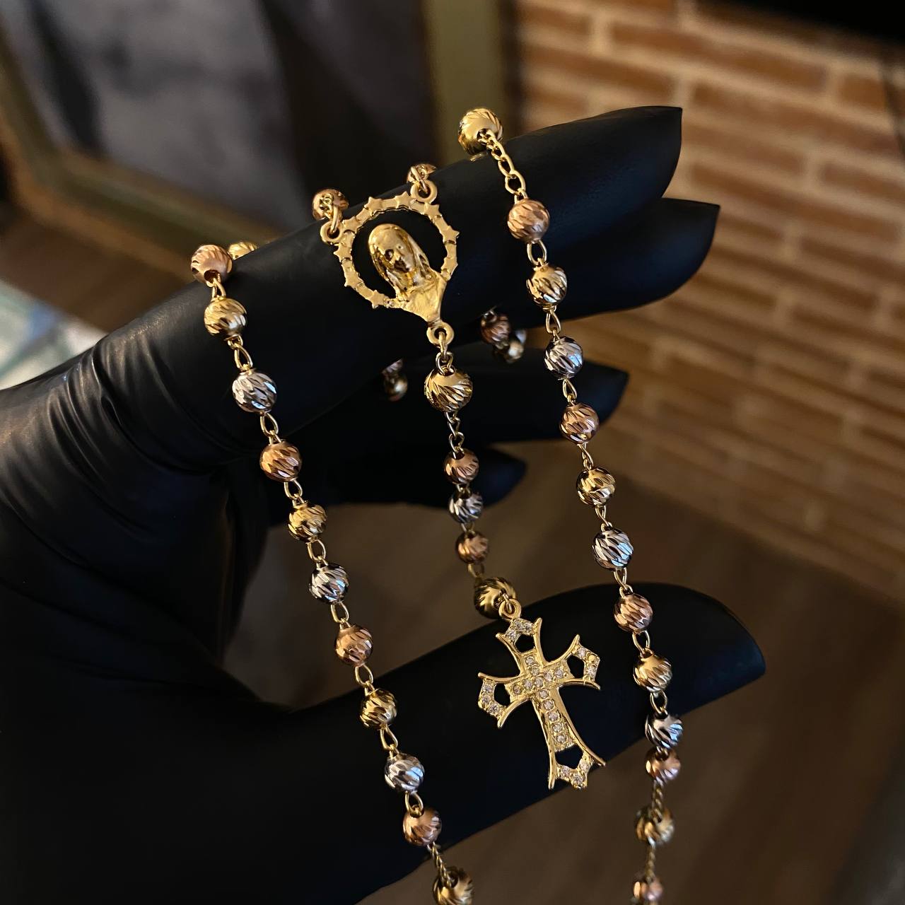 Rosario Virgen 13.2gr / 50cm Bola 4-5mm Diamantada Circones Blancos Tres Oros*