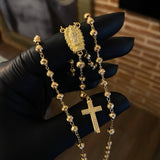 Rosario Virgen de Guadalupe 13.85gr / 50cm Bola 4-5mm Diamantada Circones Blancos Oro Amarillo*