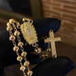 Rosario Virgen de Guadalupe 13.85gr / 50cm Bola 4-5mm Diamantada Circones Blancos Oro Amarillo*
