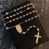 Rosario Virgen de Guadalupe 13.85gr / 50cm Bola 4-5mm Diamantada Circones Blancos Oro Amarillo*