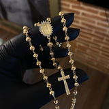 Rosario Virgen de Guadalupe 13.95gr / 50cm Bola 4-5mm Diamantada Circones Blancos Oro Amarillo*