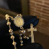 Rosario Virgen de Guadalupe 13.95gr / 50cm Bola 4-5mm Diamantada Circones Blancos Oro Amarillo*