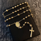 Rosario Virgen de Guadalupe 13.95gr / 50cm Bola 4-5mm Diamantada Circones Blancos Oro Amarillo*