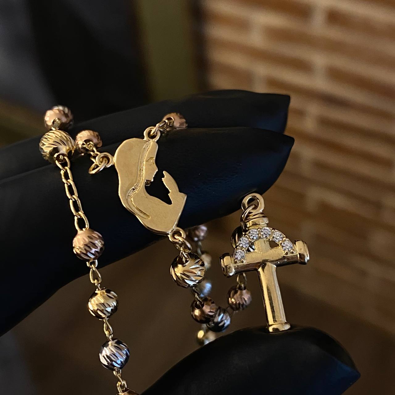 Rosario Virgen María 12.85gr / 50cm Bola 4-5mm Diamantada Circones Blancos Tres Oros*