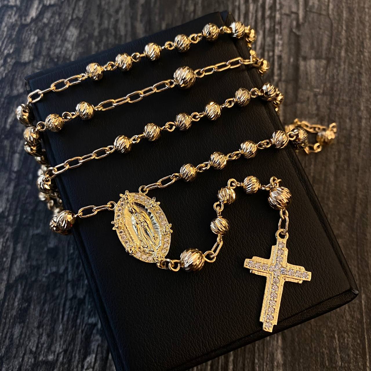 Rosario Virgen de Guadalupe 25.25gr / 60cm Bola 5-6mm Diamantada Cajon Circones Blancos Oro Amarillo*