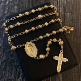 Rosario Virgen de Guadalupe 25.25gr / 60cm Bola 5-6mm Diamantada Cajon Circones Blancos Oro Amarillo*
