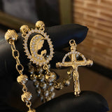 Rosario Virgen María 33.25gr / 65cm / 6-7mm Bolas Diamantadas Circones Blancos Oro Amarillo