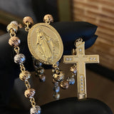 Rosario Virgen Milagrosa 34.15gr / 65cm / 6-7mm Bolas Diamantadas Circones Blancos Tres Oros