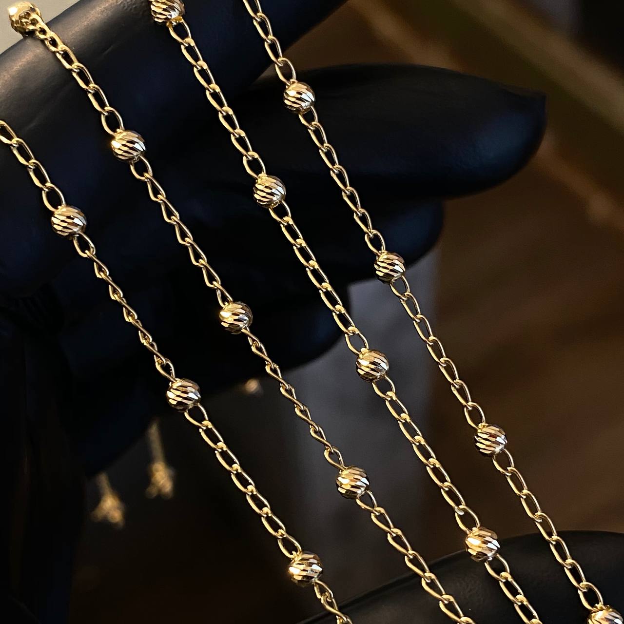 Tobillera Militar 2.25gr / 24.5cm Bolas Diamantadas 3mm Oro Amarillo*